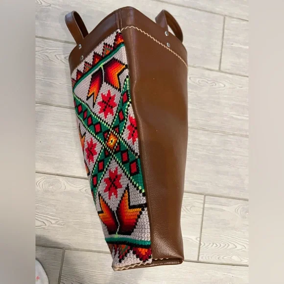 Colorful Geometric Cross-stitch Aztec Patterned Tote Bag with Brown Accents - Picture 14 of 14